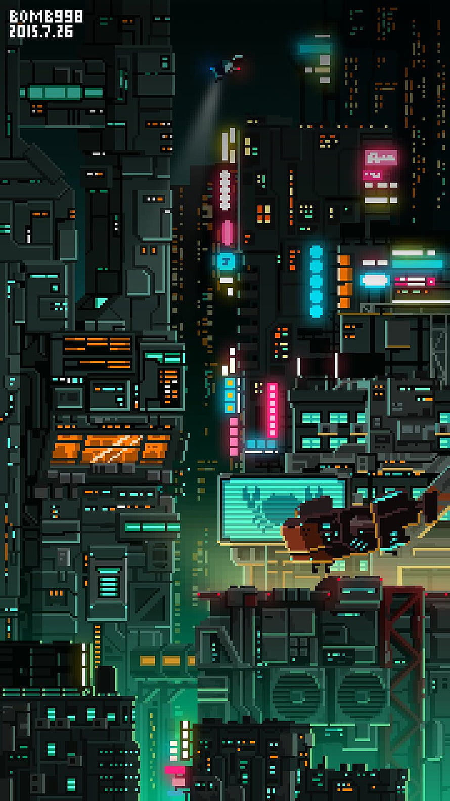 Neon Cyberpunk City Pixel Art with Hovering Character and Glowing Signs HD phone wallpaper