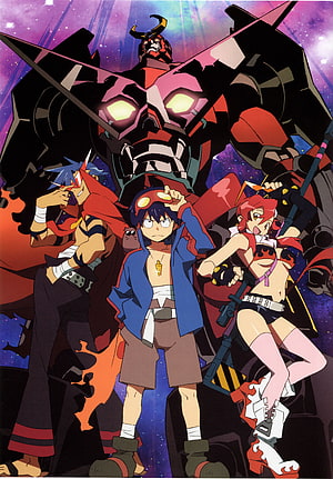 Tengen Toppa Gurren Lagann Anime Poster Featuring Kamina, Simon, Yoko, and the Giant Mecha HD phone wallpaper