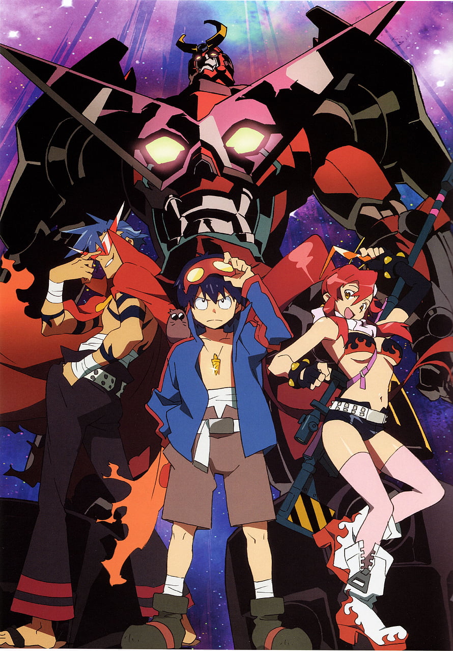 Tengen Toppa Gurren Lagann Anime Poster Featuring Kamina, Simon, Yoko, and the Giant Mecha HD phone wallpaper