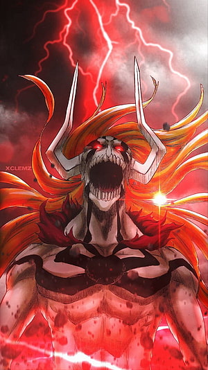 Ichigo Kurosaki Vasto Lorde Form with Red Lightning and Fiery Aura HD phone wallpaper