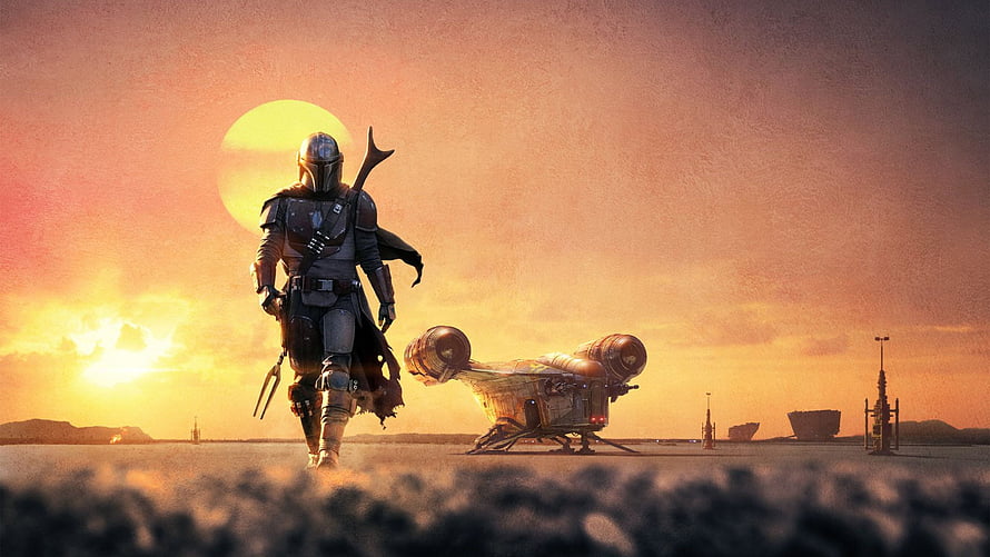The Mandalorian Walking Through Desert Dunes at Sunset with Speeder Bike HD wallpaper