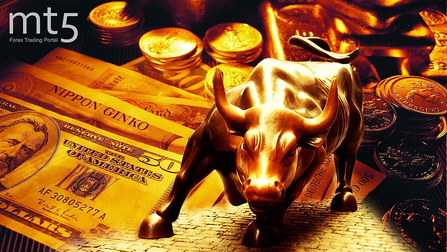 Golden Bull Statue on Currency and Coins for Forex Trading HD wallpaper