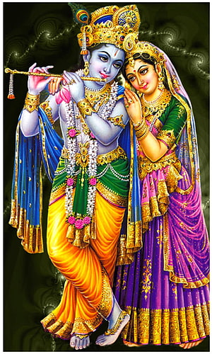 Radha Krishna Divine Portrait with Flute and Traditional Indian Attire HD phone wallpaper