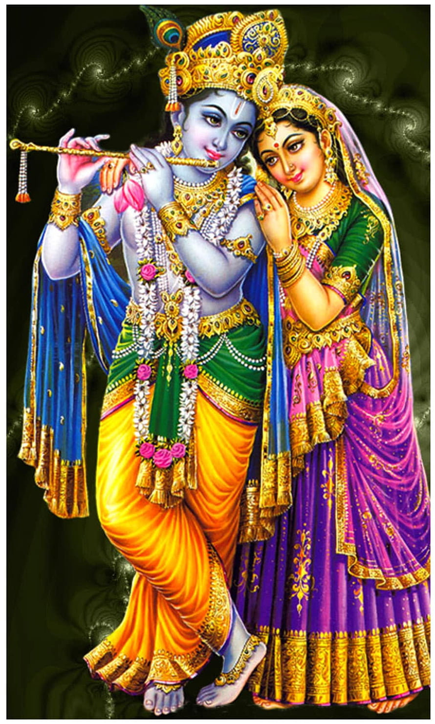 Radha Krishna Divine Portrait with Flute and Traditional Indian Attire HD phone wallpaper