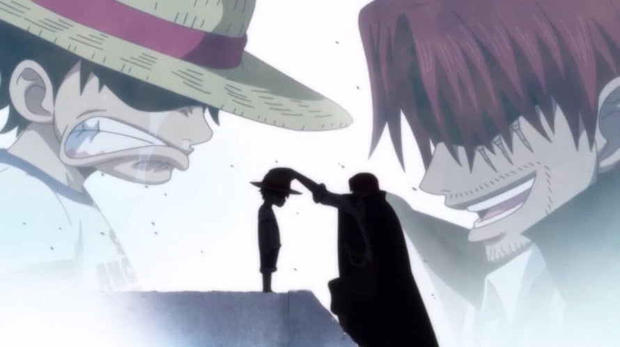 Luffy and Shanks Anime Scene with Silhouette Moment HD wallpaper