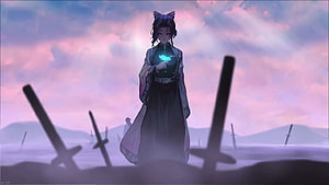 Shinobu Kocho Standing in Misty Field with Swords Under Pink Sky HD wallpaper