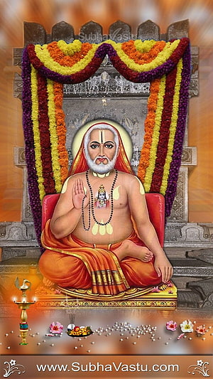 Guru Raghavendra Swamy seated in meditation with sacred garlands and oil lamp HD phone wallpaper
