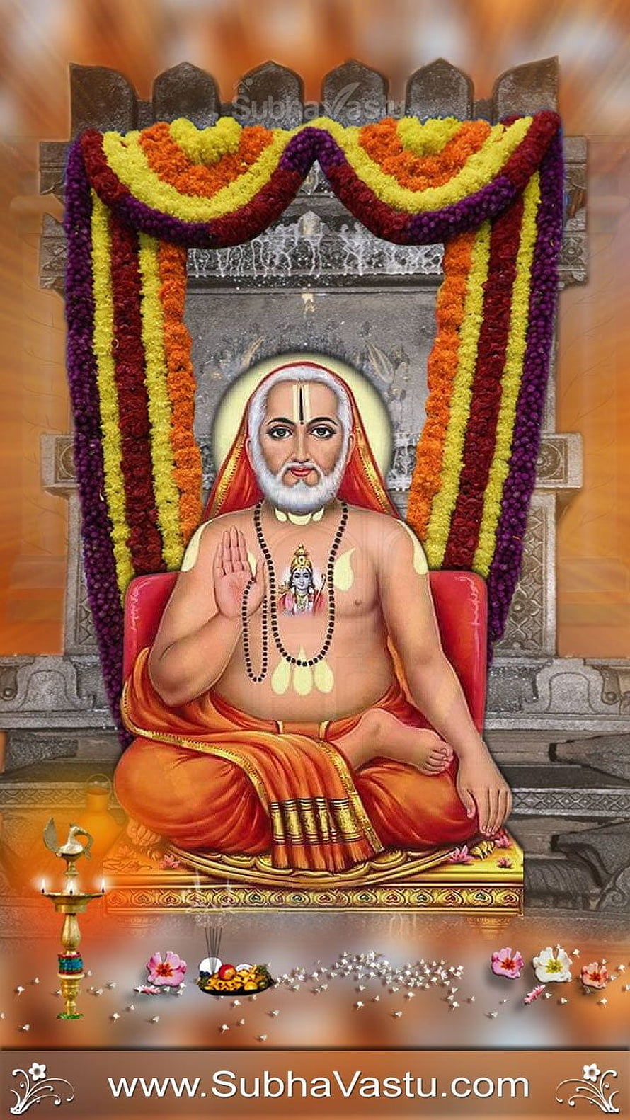 Guru Raghavendra Swamy seated in meditation with sacred garlands and oil lamp HD phone wallpaper