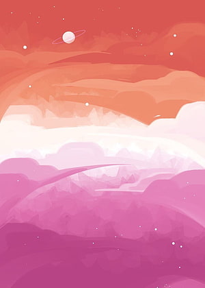 Pastel Pink and Coral Alien Landscape with Ringed Planet and Soft Clouds HD phone wallpaper