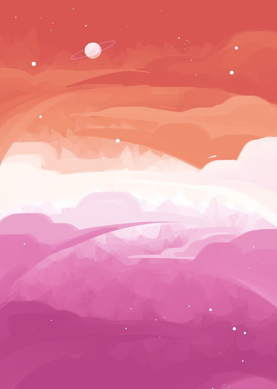 Pastel Pink and Coral Alien Landscape with Ringed Planet and Soft Clouds HD phone wallpaper