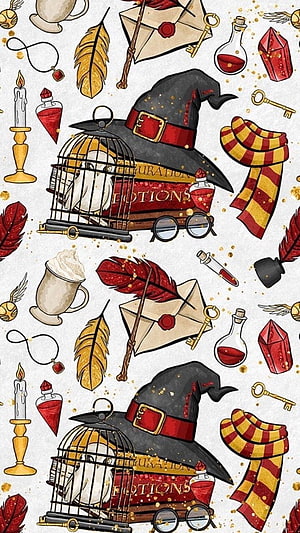 Harry Potter Gryffindor Aesthetic Pattern with Witch Hat, Owl, and Potions HD phone wallpaper