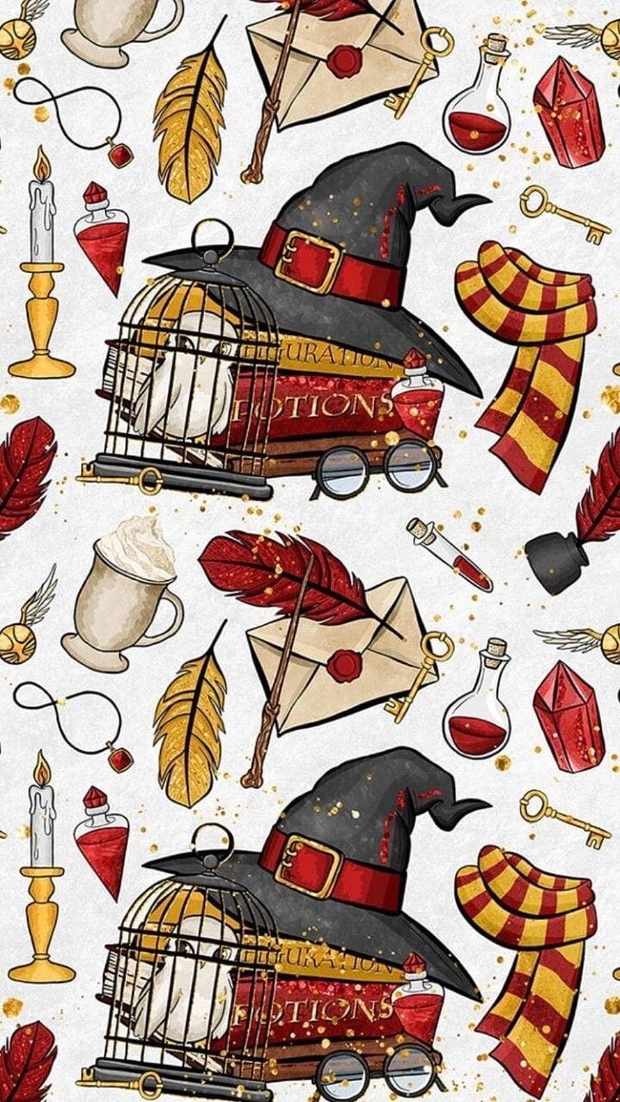 Harry Potter Gryffindor Aesthetic Pattern with Witch Hat, Owl, and Potions HD phone wallpaper