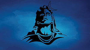 Lord Shiva Silhouette Portrait With Crescent Moon And Blue Watercolor Background HD wallpaper