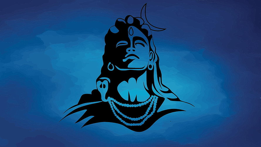 Lord Shiva Silhouette Portrait With Crescent Moon And Blue Watercolor Background HD wallpaper