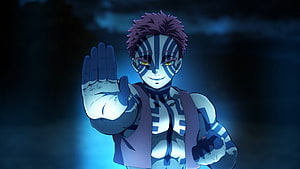 Akaza from Demon Slayer The Movie with glowing blue aura and raised hand HD wallpaper