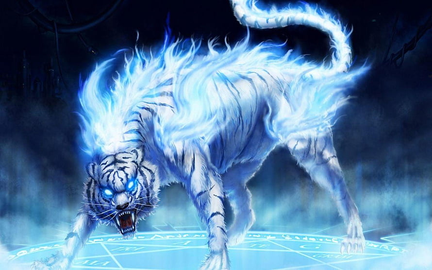 Glowing White Spirit Tiger with Blue Eyes and Magical Aura HD wallpaper