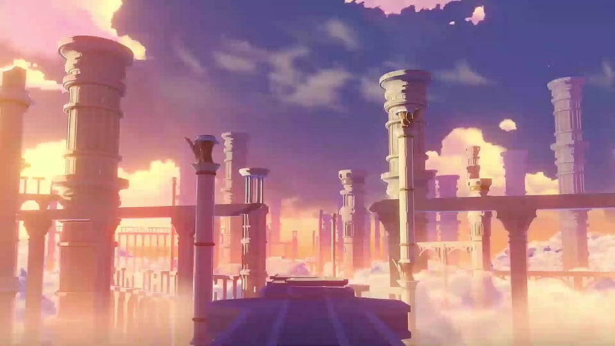 Genshin Impact Celestial Ruins at Sunset with Ancient Pillars and Ethereal Clouds HD wallpaper