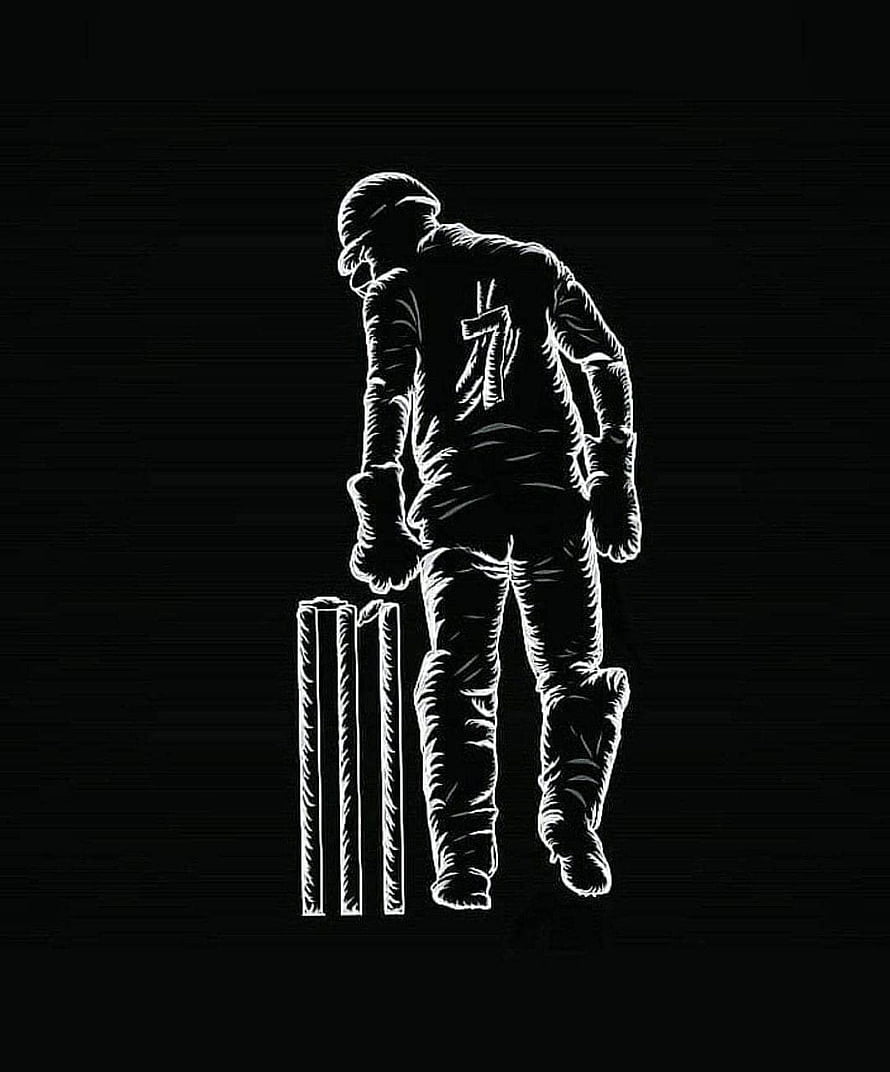 MS Dhoni Cricket Captain Black and White Line Art Illustration HD phone wallpaper