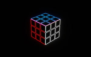 Neon Rubik's Cube with Glowing Red, Blue, and White Edges on Black Background HD wallpaper