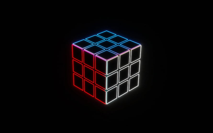 Neon Rubik's Cube with Glowing Red, Blue, and White Edges on Black Background HD wallpaper