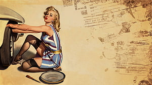 Vintage Pin Up Girl Changing a Car Tire in Retro Illustration Style HD wallpaper