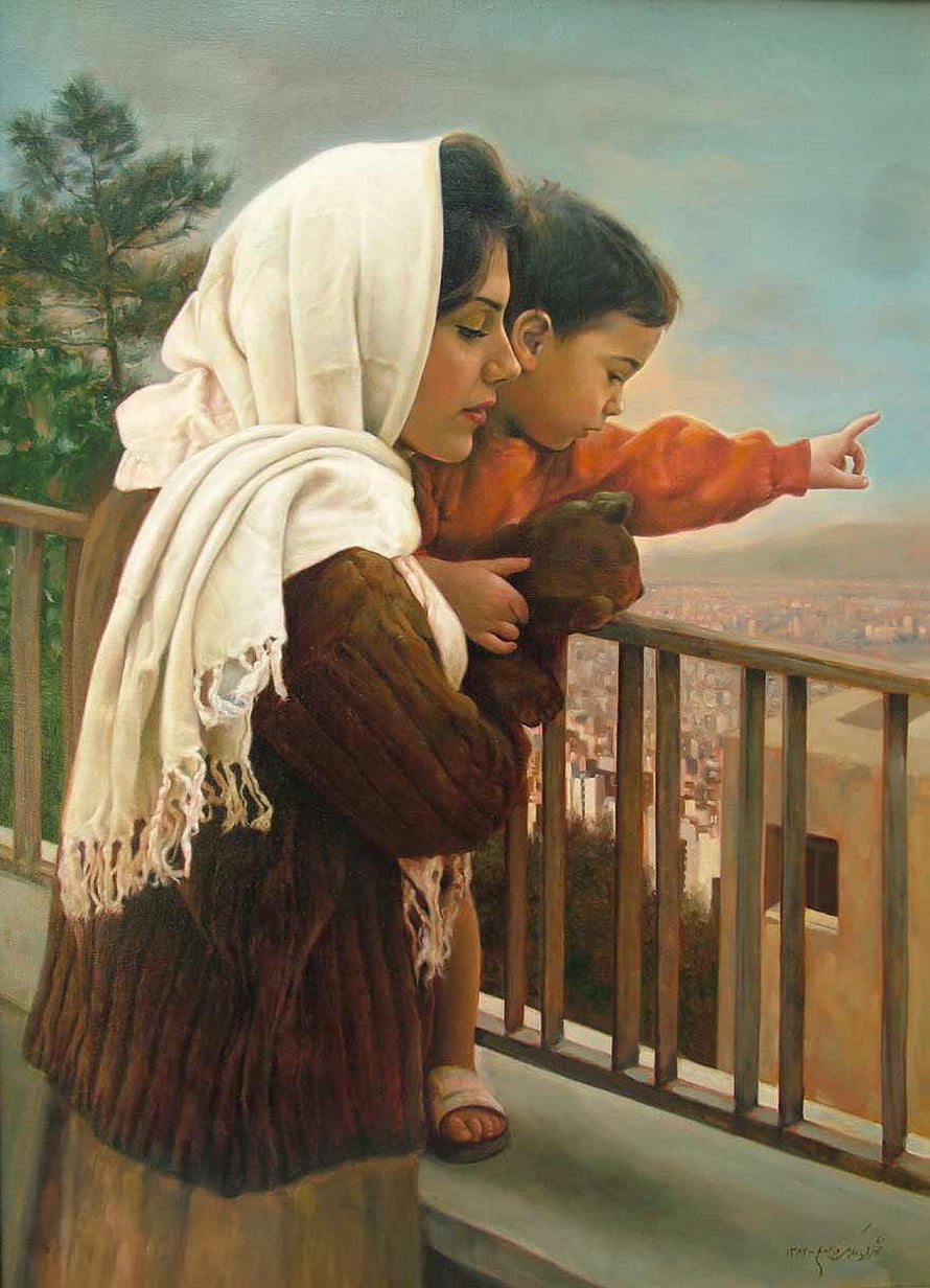 Mother and Child on Balcony: Realistic Oil Painting of a Woman Holding a Boy with a Teddy Bear HD phone wallpaper