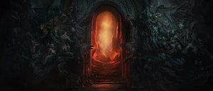 Dark Infernal Portal with Fiery Glow and Tormented Figures in Gothic Stone Archway HD wallpaper
