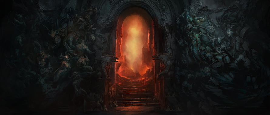 Dark Infernal Portal with Fiery Glow and Tormented Figures in Gothic Stone Archway HD wallpaper
