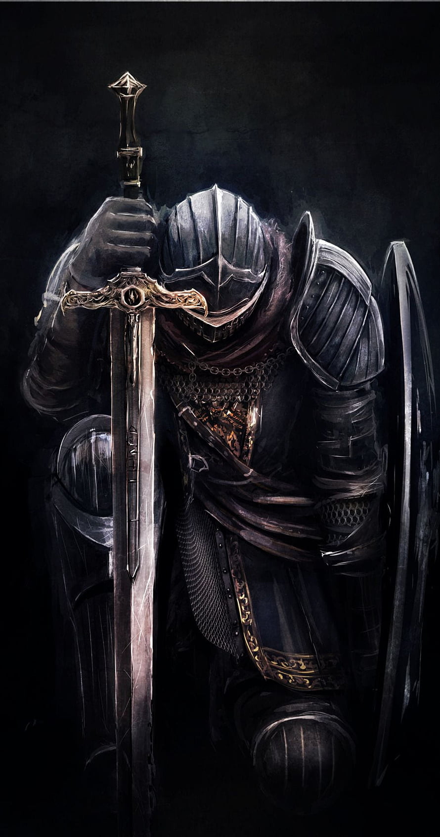 Kneeling Knight in Dark Armor Holding Ornate Sword and Shield Fantasy Illustration HD phone wallpaper
