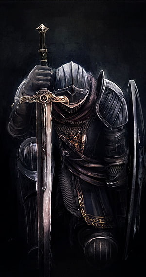 Kneeling Knight in Dark Armor Holding Ornate Sword and Shield HD phone wallpaper