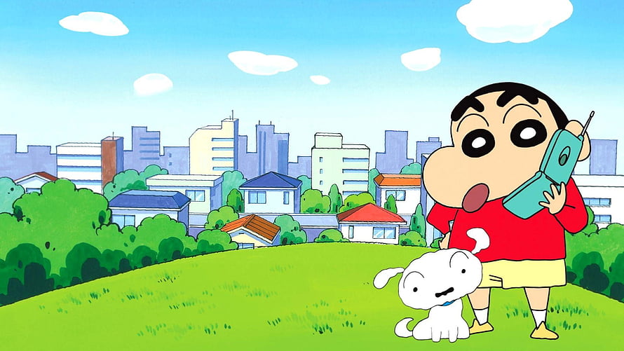 Crayon Shin-chan and Shiro on a grassy hill with a city skyline in the background HD wallpaper