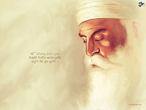 Guru Nanak Dev Ji Portrait with Punjabi Quote and Serene White Turban HD wallpaper