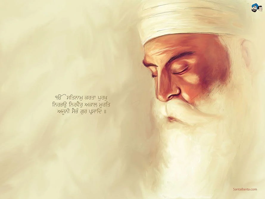 Guru Nanak Dev Ji Portrait with Punjabi Quote and Serene White Turban HD wallpaper