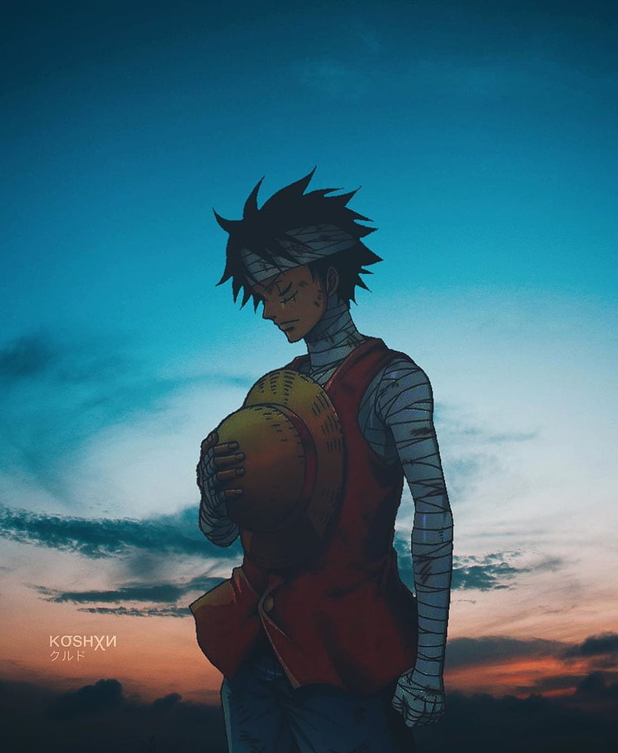 Sad Monkey D. Luffy Holding Straw Hat at Sunset in One Piece Anime Art HD phone wallpaper