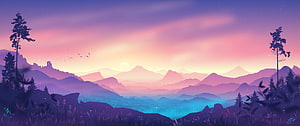 Serene Mountain Valley at Sunset with Pine Trees and Gradient Sky HD wallpaper