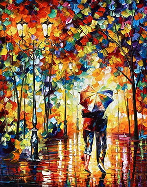 Impasto Oil Painting of a Couple Walking Under an Umbrella in Autumn Rain HD phone wallpaper
