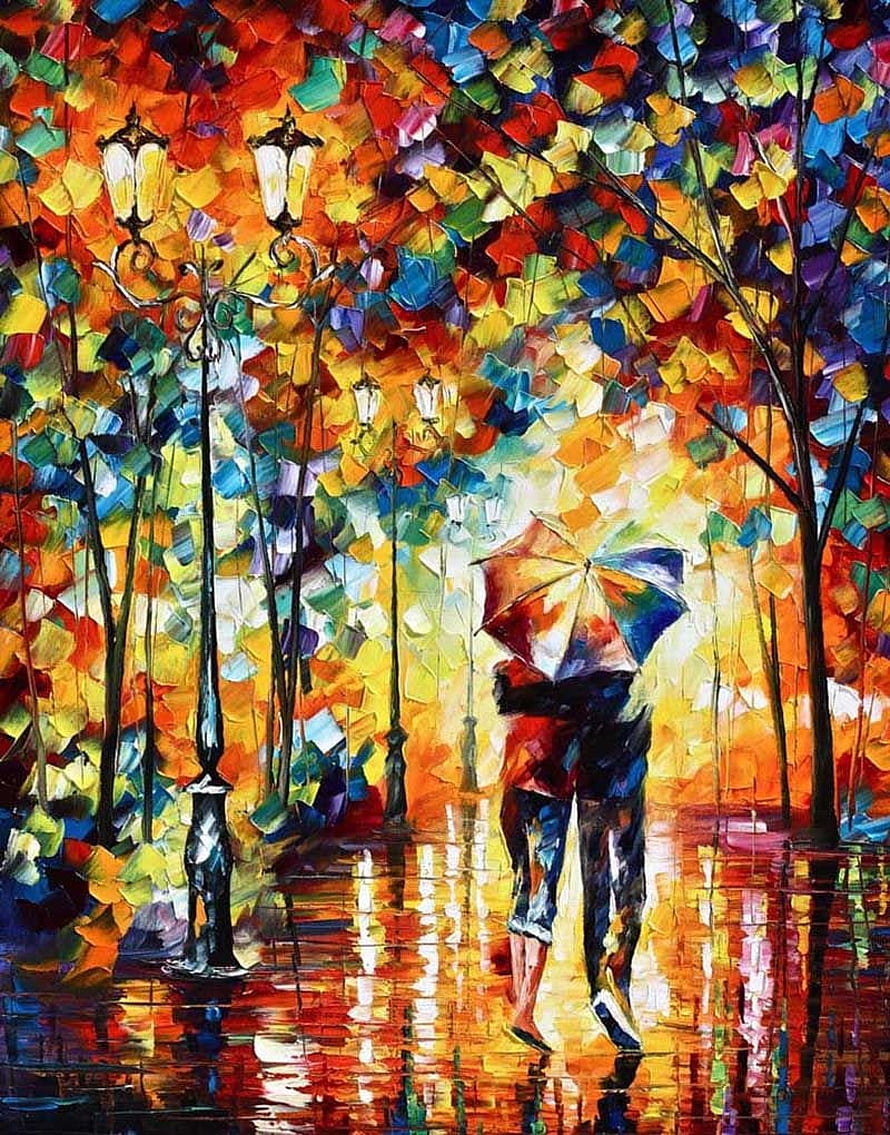 Impasto Oil Painting of a Couple Walking Under an Umbrella in Autumn Rain HD phone wallpaper