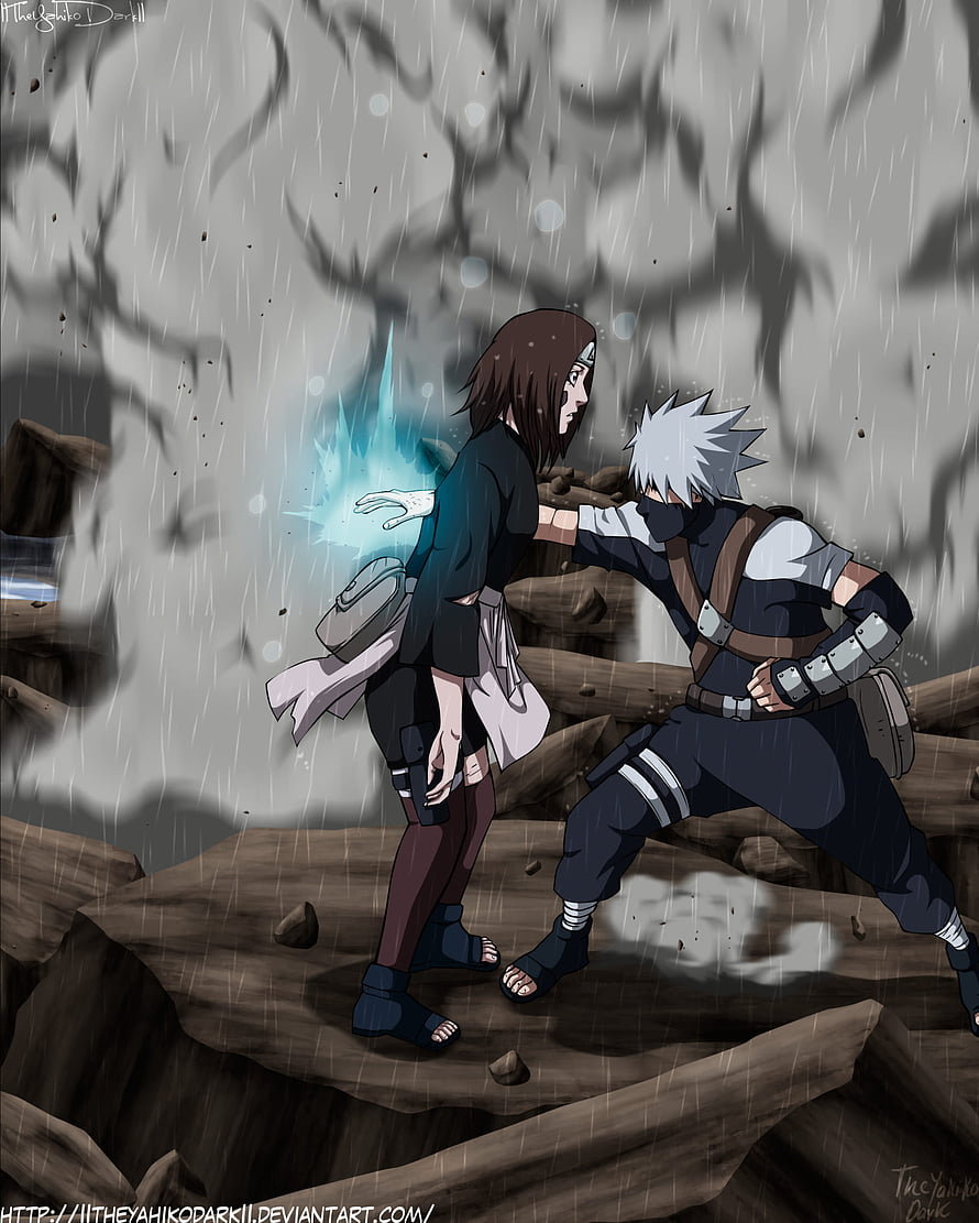 Kakashi and Rin in a Rainy Battle Scene from the Naruto Anime Series HD phone wallpaper