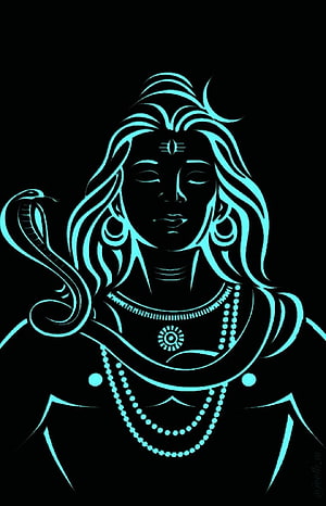 Neon Cyan Line Art of Mahakal with Serpent and Third Eye on Black Background HD phone wallpaper