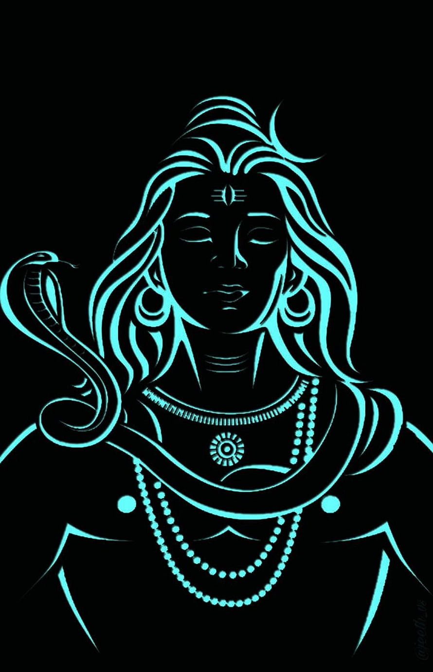 Neon Cyan Line Art of Mahakal with Serpent and Third Eye on Black Background HD phone wallpaper