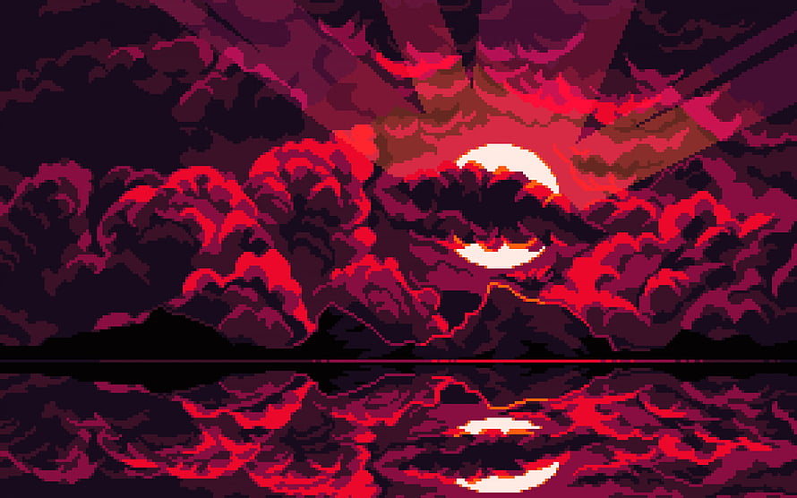Dark Pixel Art Landscape with Red Clouds and Moon Reflection HD wallpaper
