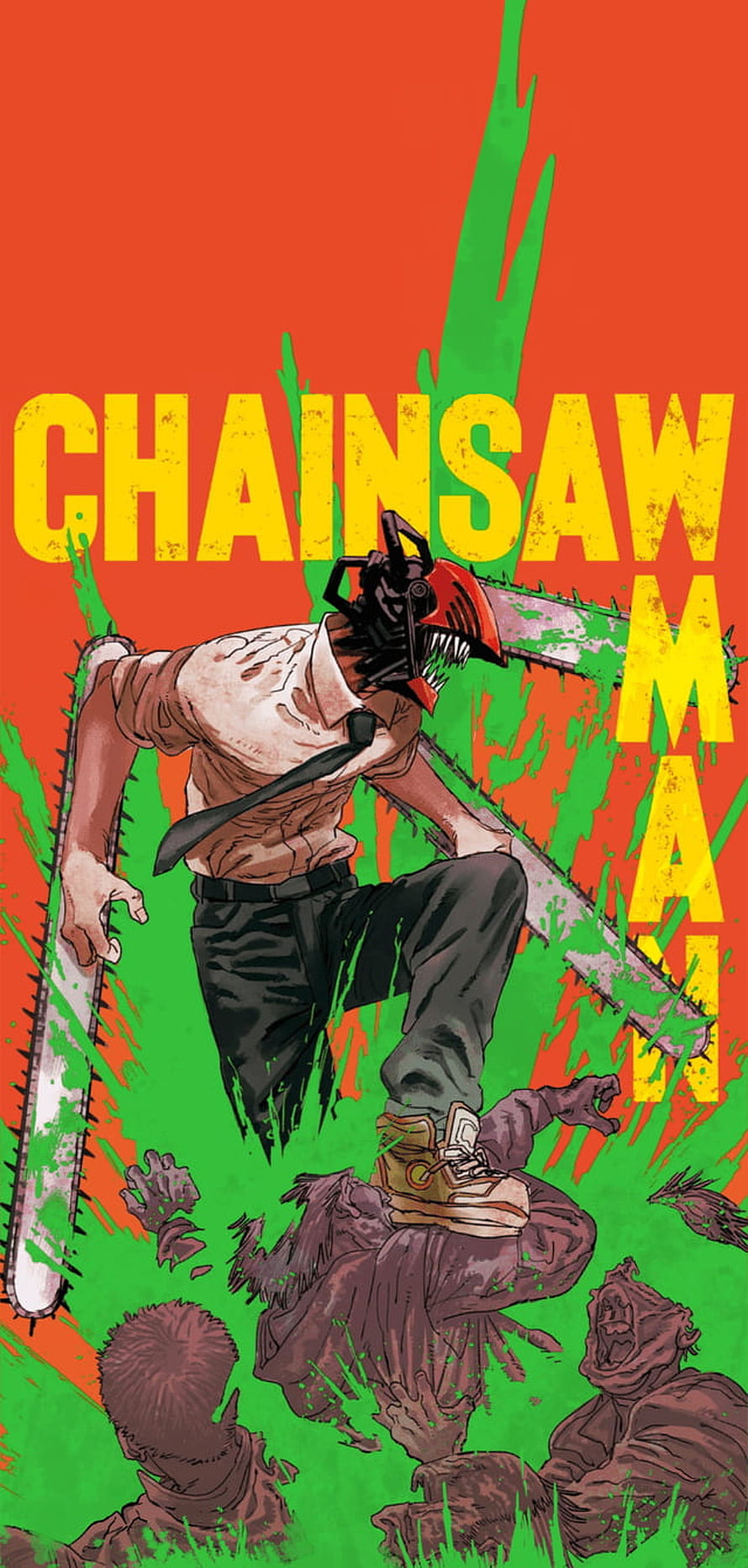 Denji from Chainsaw Man in a dynamic battle pose with chainsaw arms and head against a vibrant red and green background, denji chainsaw man, #Chainsaw Man HD phone wallpaper