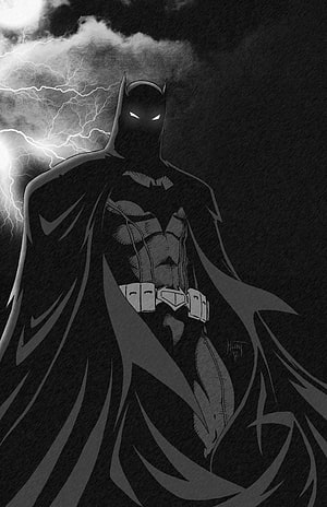 Batman in Black and White Comic Art with Lightning Storm and Glowing Eyes, batman black and white, #Batman HD phone wallpaper