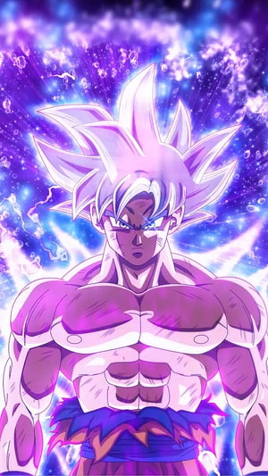 Goku Ultra Instinct Anime Character with Purple Aura and Spiky White Hair HD phone wallpaper