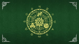 Legend of Zelda Triforce Emblem with Elemental Symbols on Dark Green Background HD wallpaper