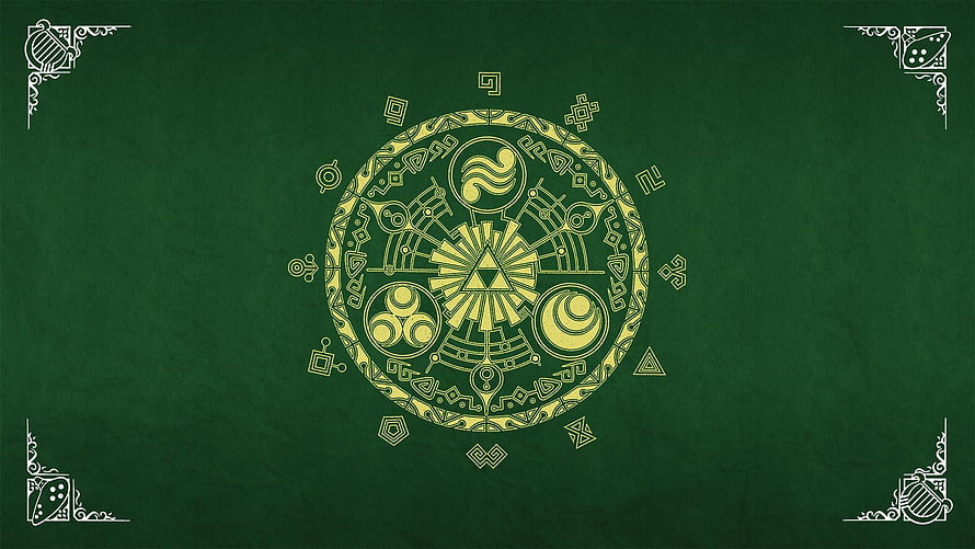 Legend of Zelda Triforce Emblem with Elemental Symbols on Dark Green Background HD wallpaper