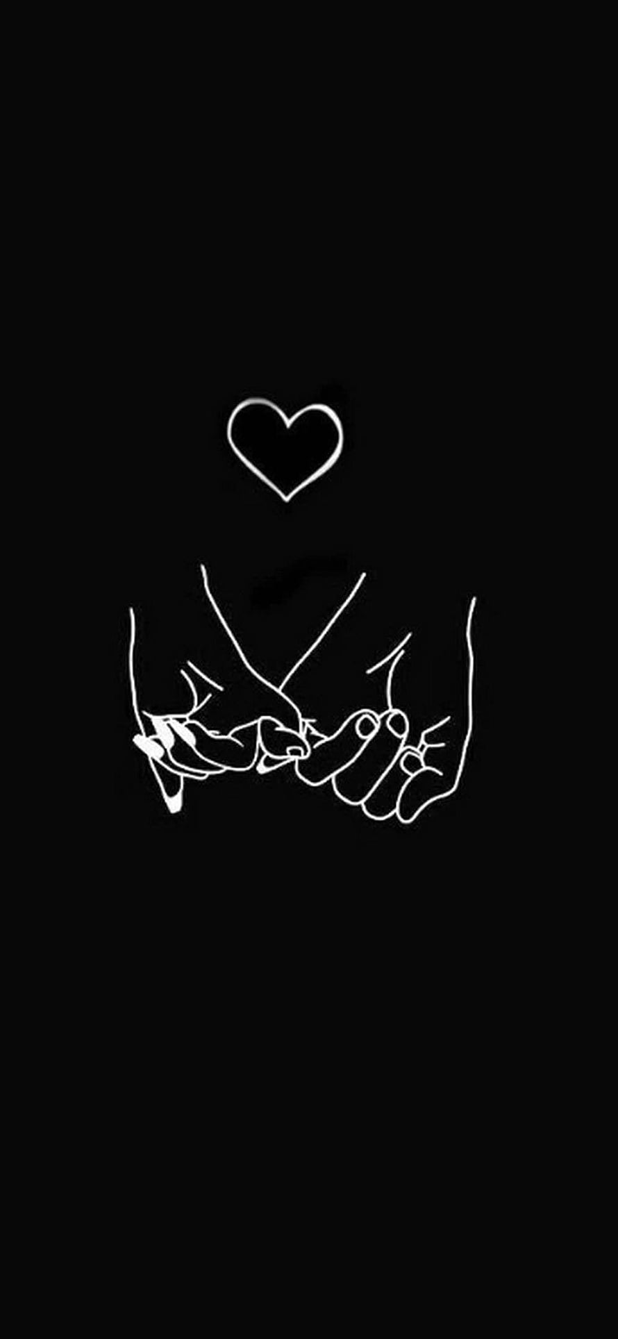 Minimalist White Line Art of Interlocked Fingers and Heart on Black Background HD phone wallpaper