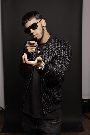 Anuel AA in Black Quilted Jacket and Sunglasses Studio Portrait HD phone wallpaper