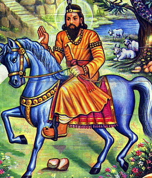 Baba Mohan Rama on a Blue Horse in Traditional Indian Attire HD phone wallpaper