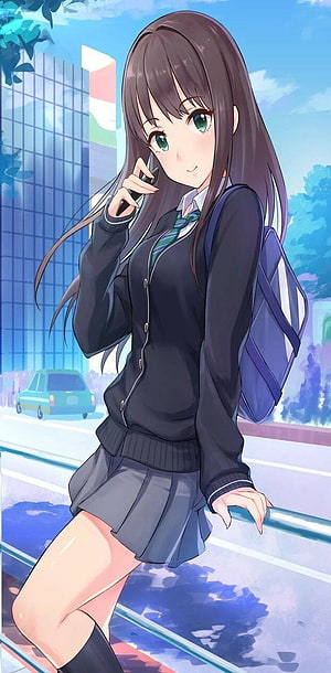 Anime schoolgirl in dark cardigan and pleated skirt talking on phone in a bright city HD phone wallpaper